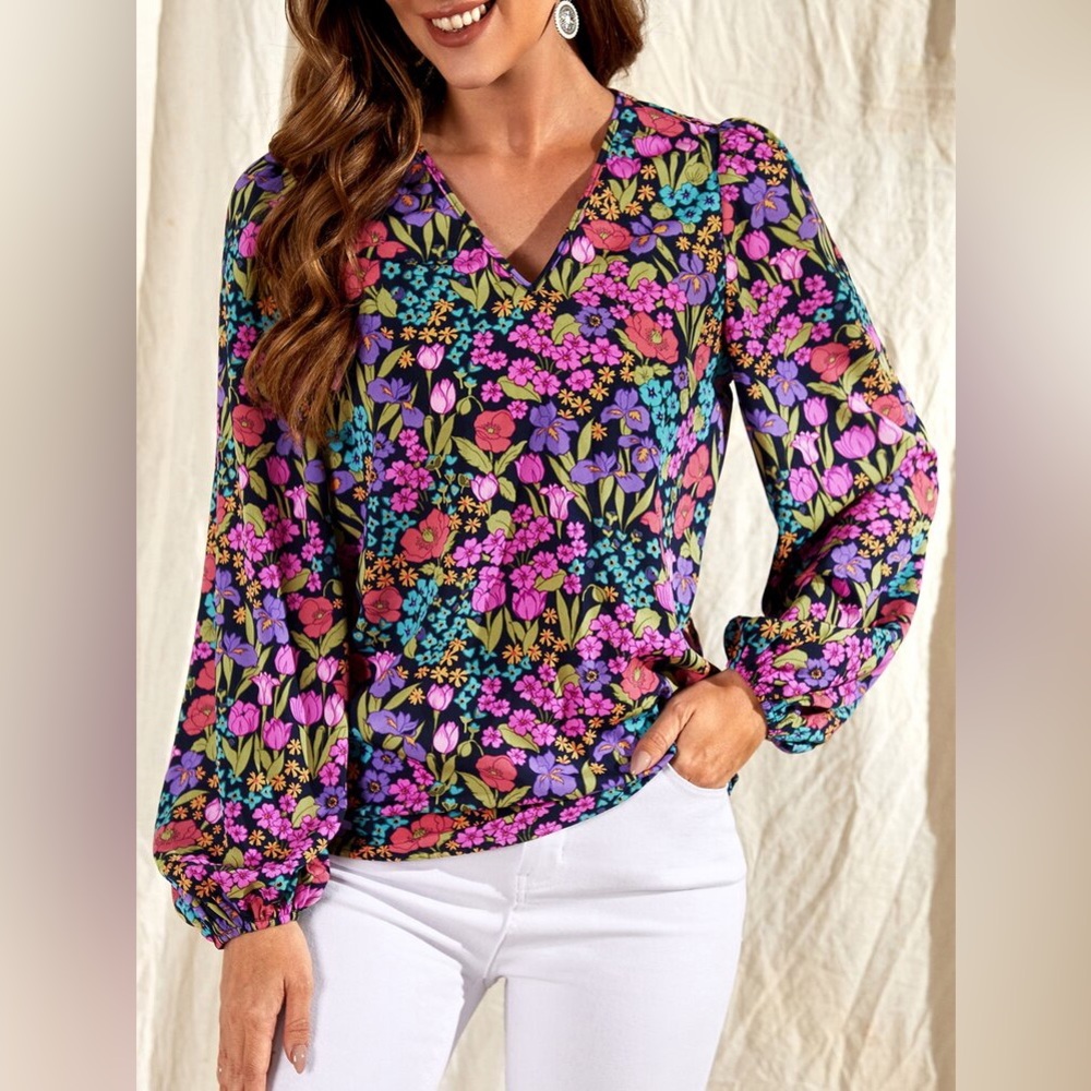 Tall Vibrant Floral Print Lantern Sleeve Blouse